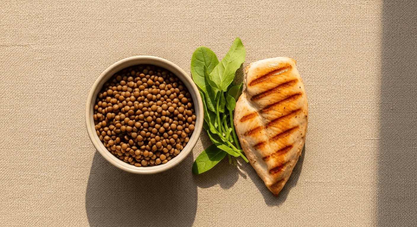 Flat-lay of lentils, grilled chicken, and fresh greens on warm linen in golden window light.