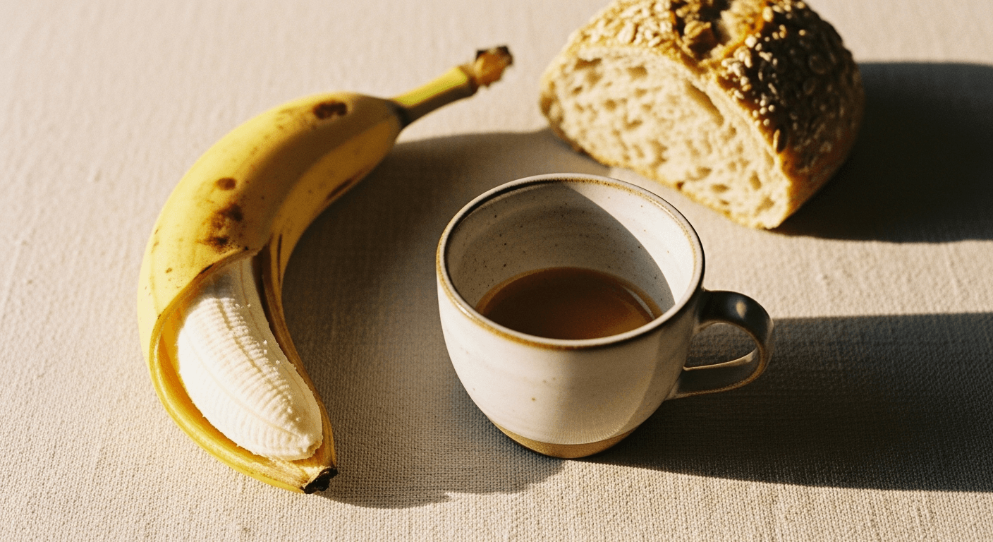 Peeled banana, espresso cup, and whole grain roll arranged on warm cream linen, shot from above.