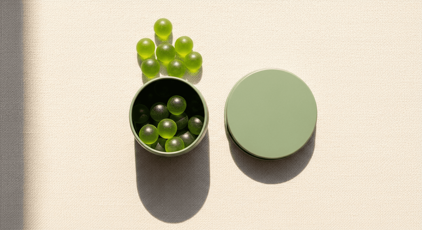 Translucent green wellness gummies spilling from a sage-green tin onto a warm cream surface in soft daylight.