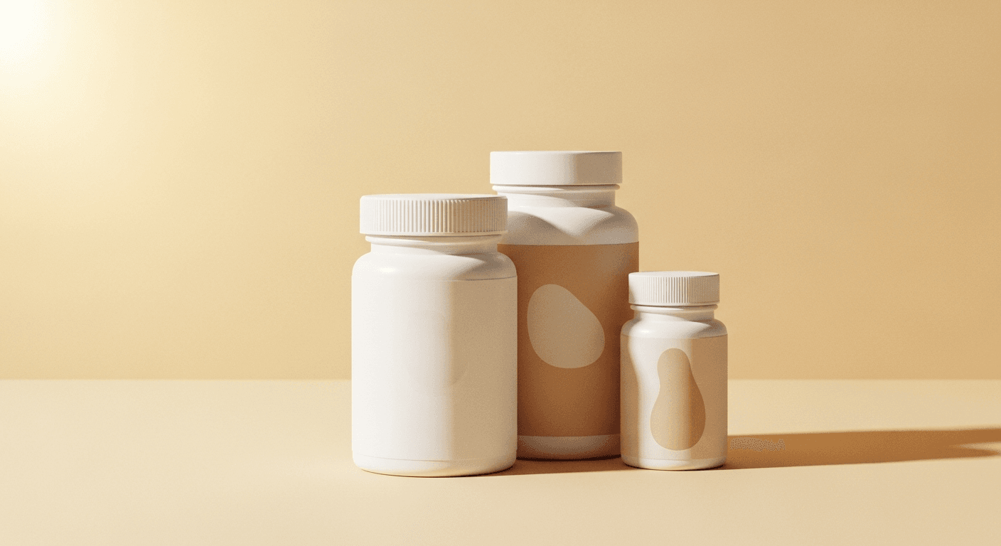 Two minimalist supplement bottles in white and sand tones against a warm cream background with golden backlighting.