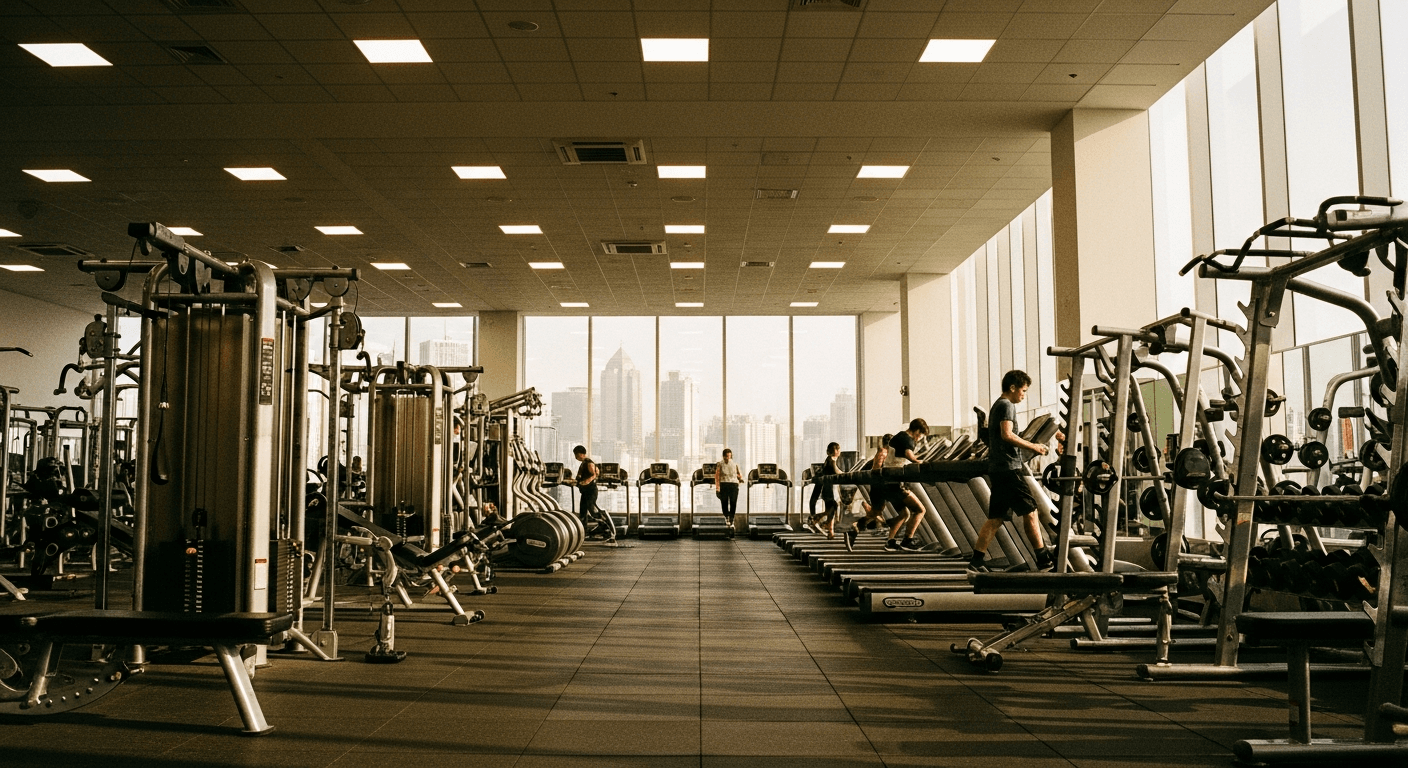 A spacious gym interior filled with exercise equipment overlooking an Asian city skyline at golden hour.