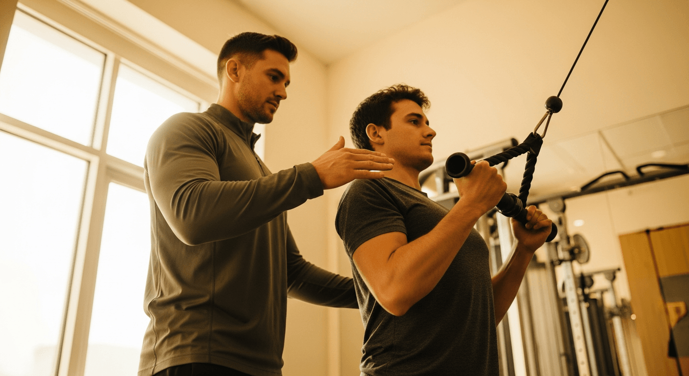 A personal trainer provides real-time form correction to a client performing a cable machine exercise in a sunlit gym.