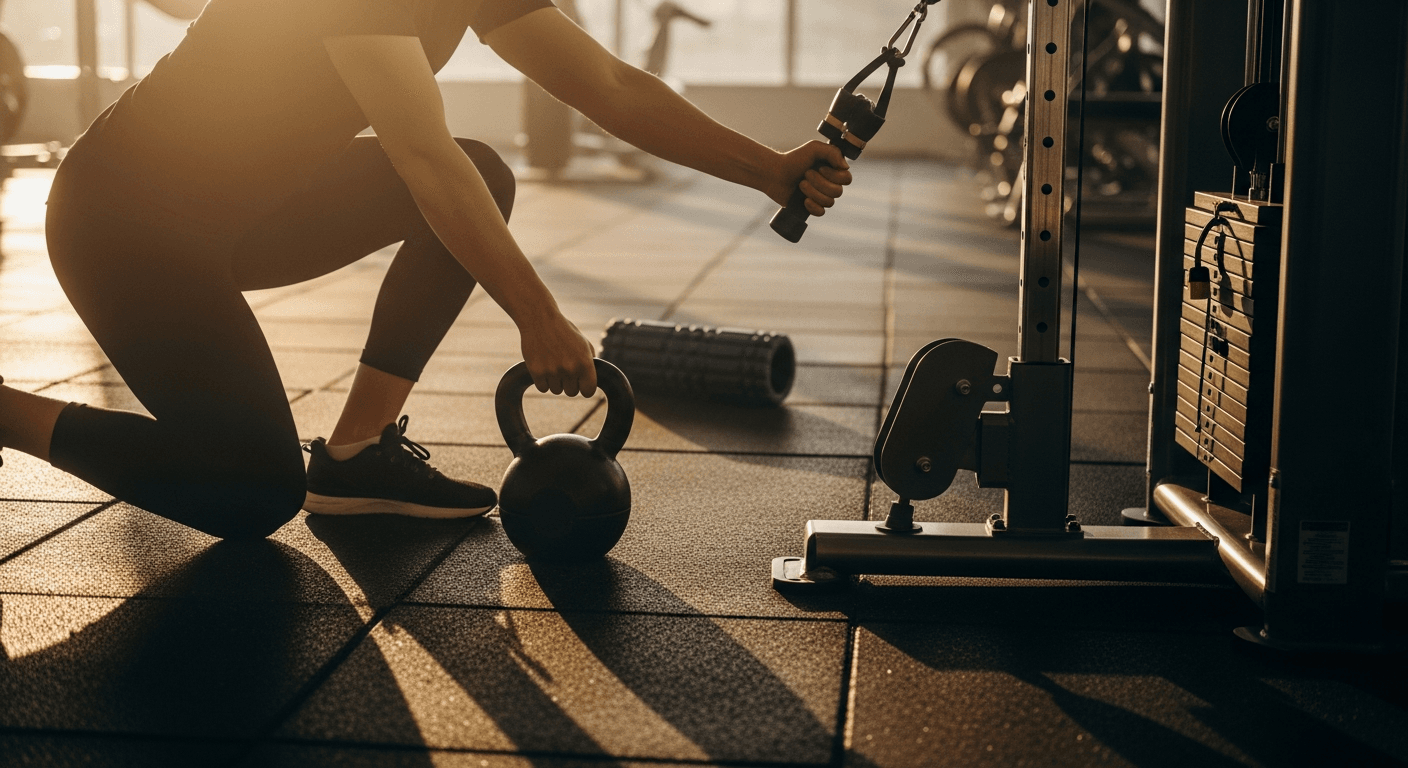Gym member mid-transition between kettlebell and cable machine, captured in motion with golden-hour sidelight across equipment.
