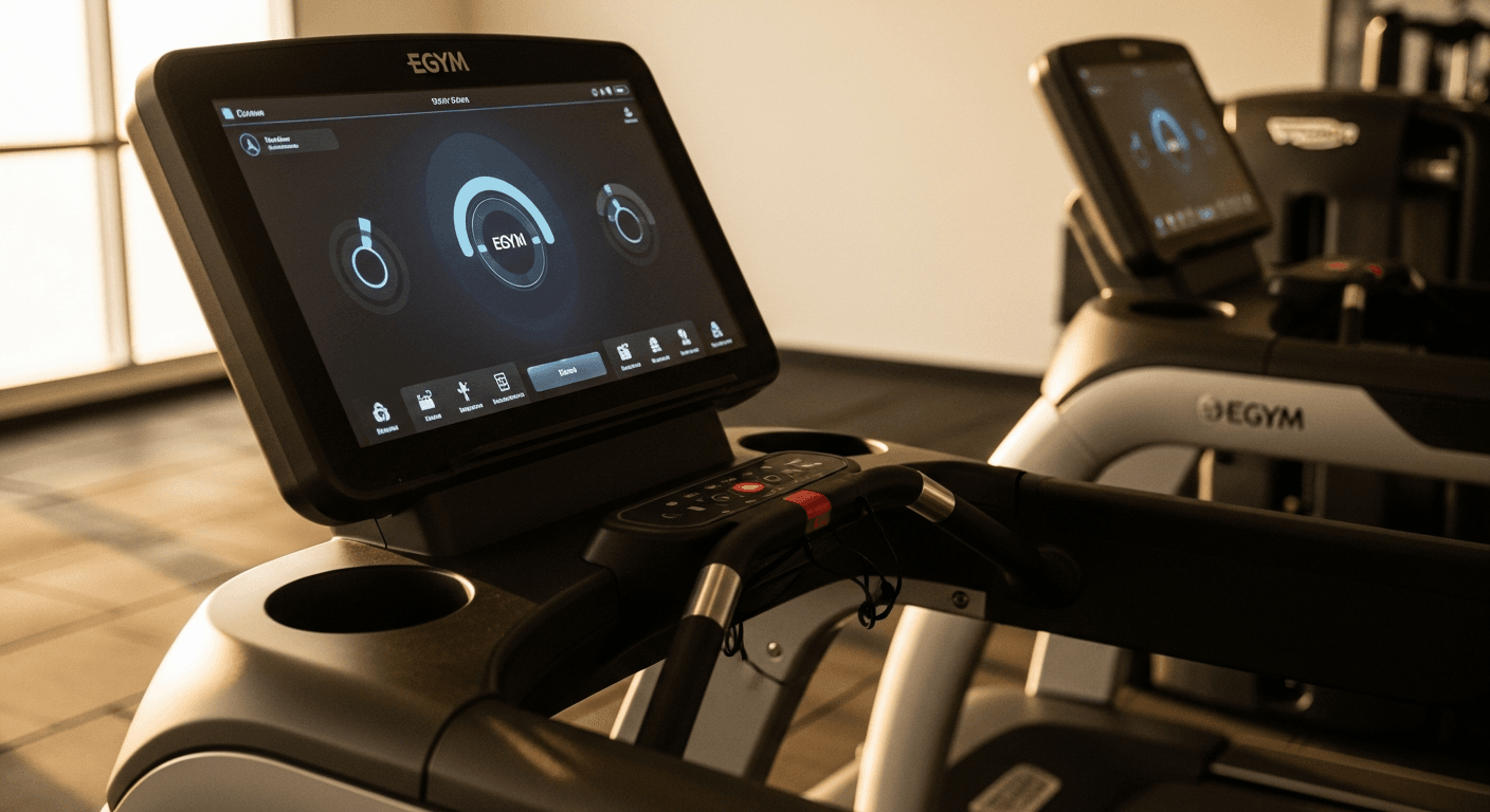 EGYM smart training console with glowing blue-white display, shot from low angle in warm golden gym lighting.
