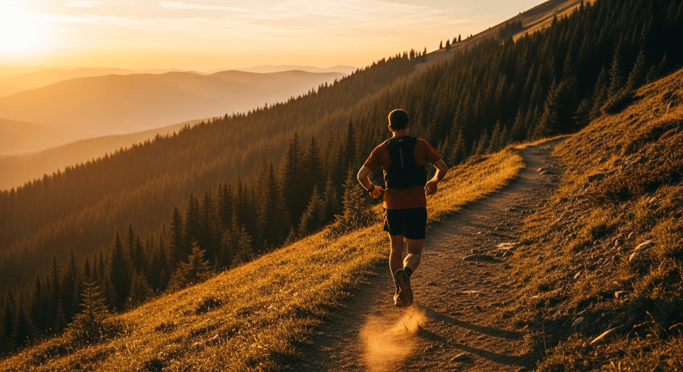 Trail runner ascending a steep mountain path through forest in golden hour light, viewed from behind mid-stride.