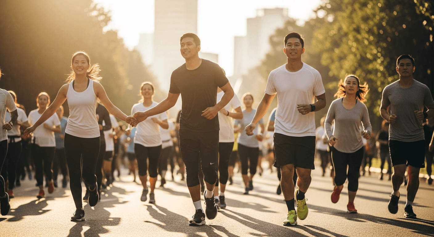 A diverse crowd of runners in joyful motion on a city park path bathed in golden morning light.