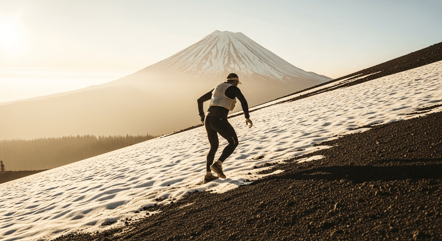 Trail runner in dark gear ascending a snowy volcanic slope at golden hour.