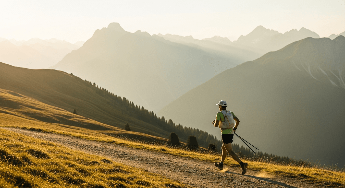 Trail runner mid-stride on a mountain path with trekking poles, surrounded by alpine landscape in golden afternoon light.