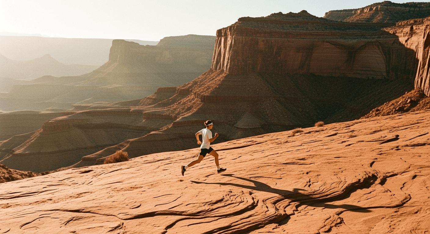 Trail runner mid-stride on red sandstone desert canyon trail in golden hour light.
