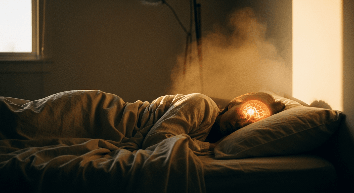 A person sleeping peacefully in profile, bathed in warm golden light suggesting brain activity during sleep.