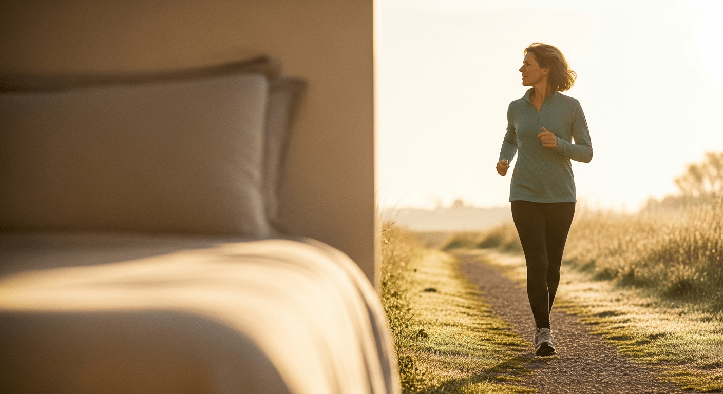 Middle-aged woman striding energetically outdoors at sunrise, with soft bedding blurred in the foreground.