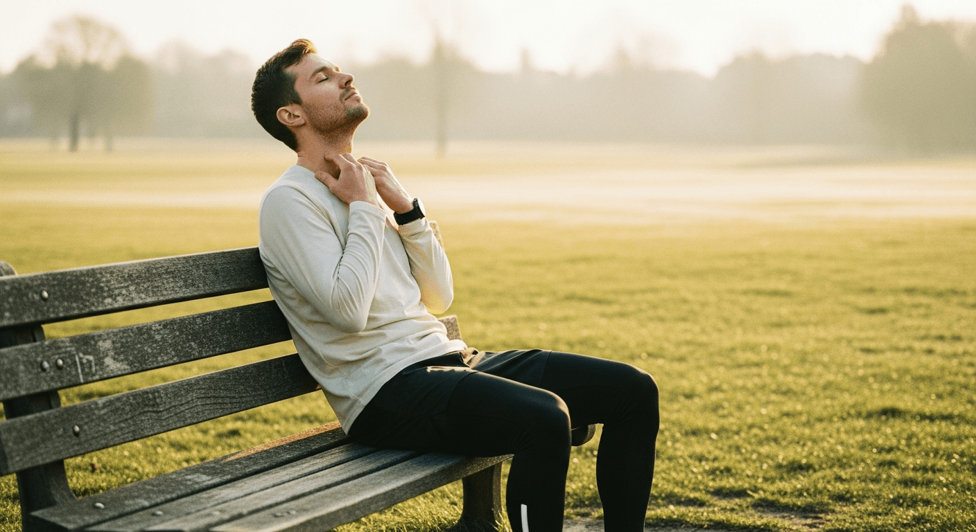A runner sits peacefully on a park bench with eyes closed, hands on throat, in morning golden light.