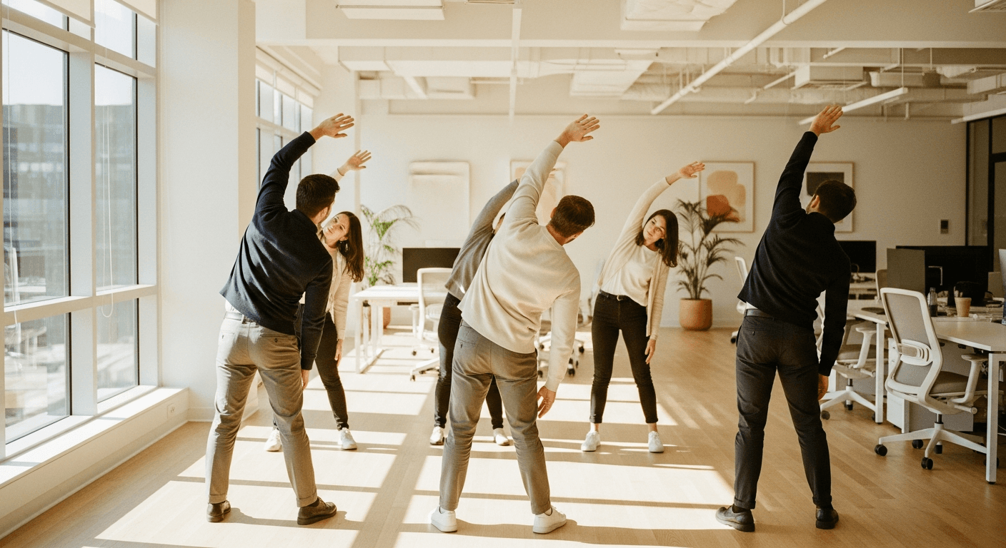 Office workers stretch together in a bright, modern workspace filled with warm natural golden light from large windows.