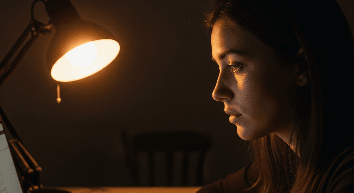 Exhausted person at a laptop in a dim, isolated home office lit by warm amber desk lamp.