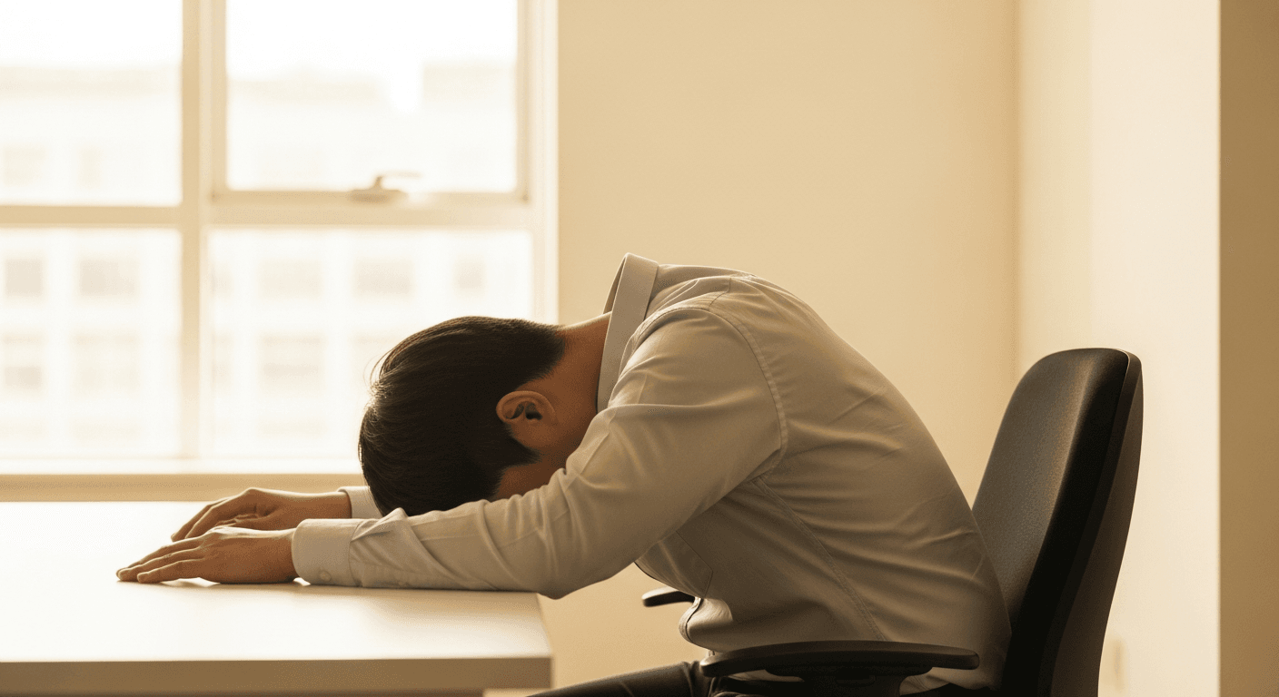 Person with slouched posture sitting at office desk in natural golden light, demonstrating poor sitting posture.