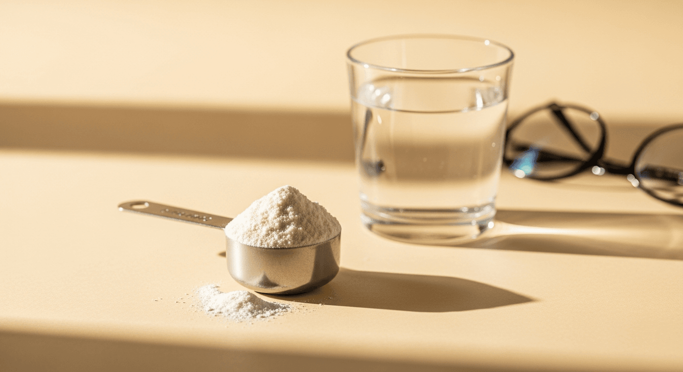 A metal scoop of white creatine powder next to a glass of water and blurred reading glasses.