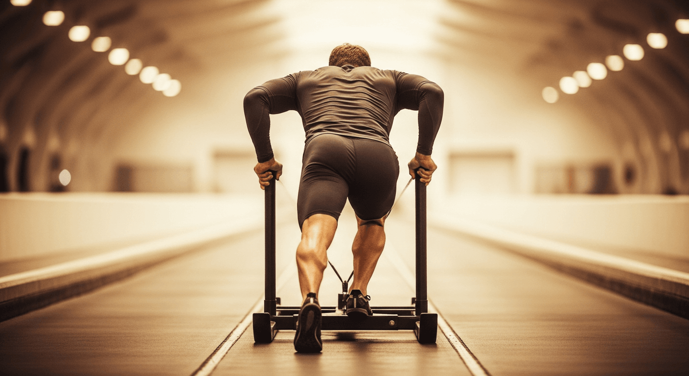Athlete in compression gear pushing a competition sled low to ground with extended arms in controlled mid-race effort.