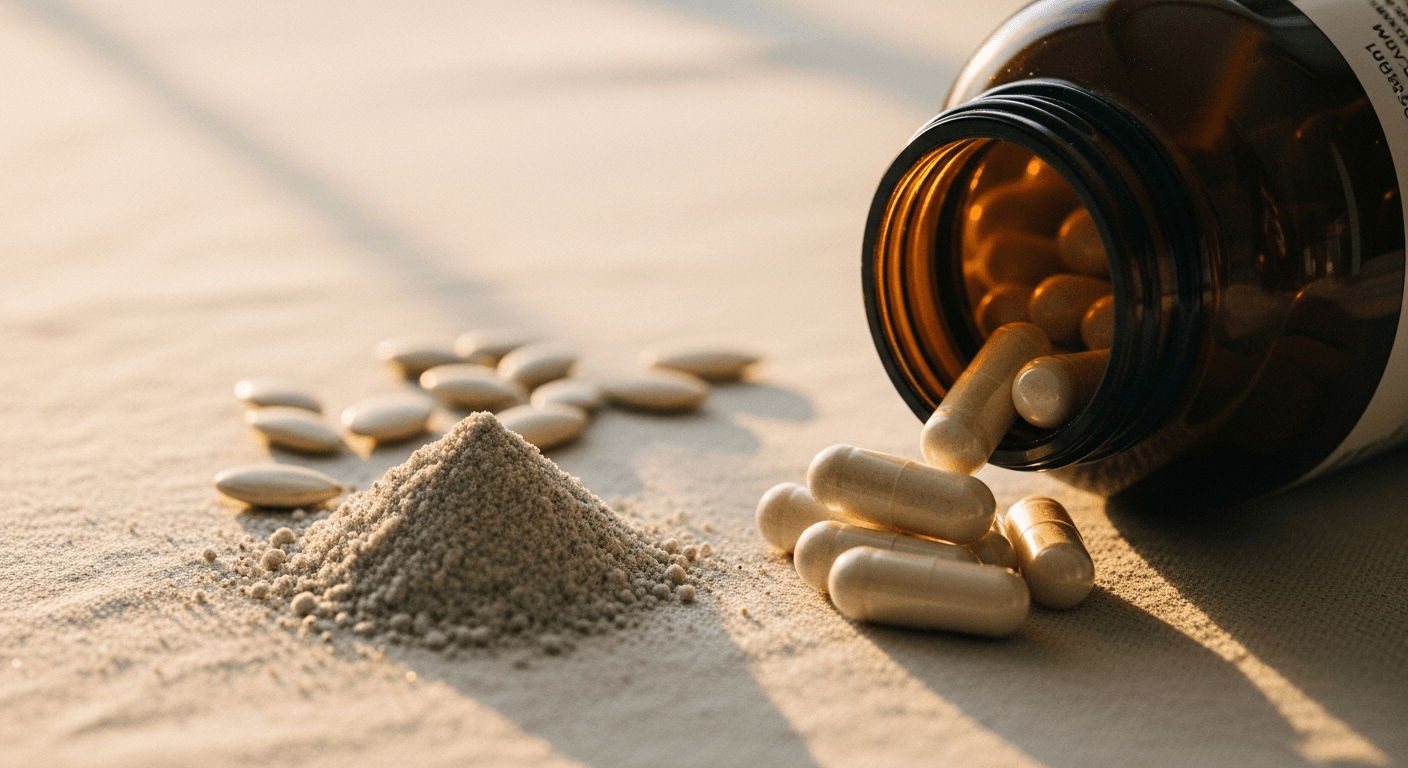 Open amber supplement bottle with white capsules spilling, magnesium powder, and pumpkin seeds on warm cream linen.