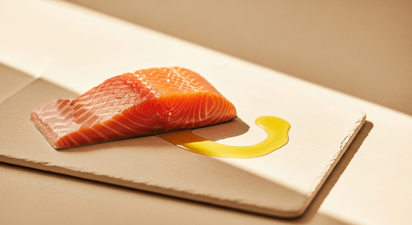 Fresh salmon fillet on cream slate with golden olive oil in soft natural light, suggesting nutritional precision.