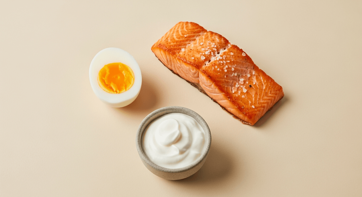 Hard-boiled egg half, seared salmon fillet, and Greek yogurt arranged on a warm cream surface.