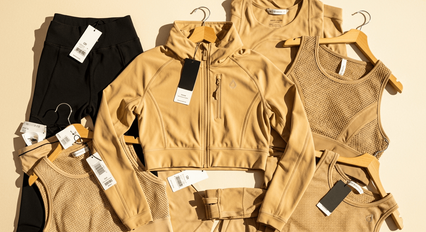 Overhead flatlay of premium athletic wear pieces arranged on cream surface with soft natural lighting.
