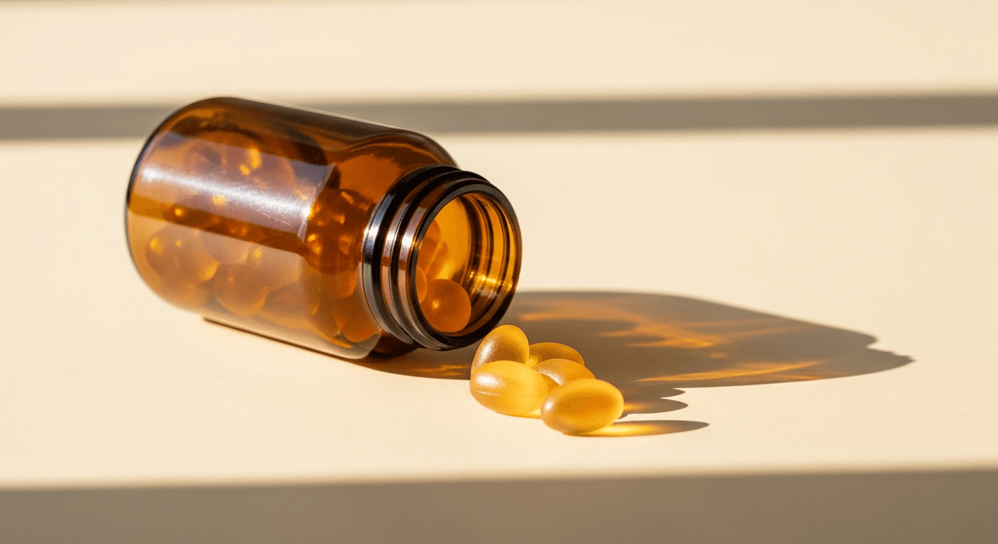 Amber glass supplement bottle tipped over with translucent gummies spilling onto a warm cream surface in golden light.