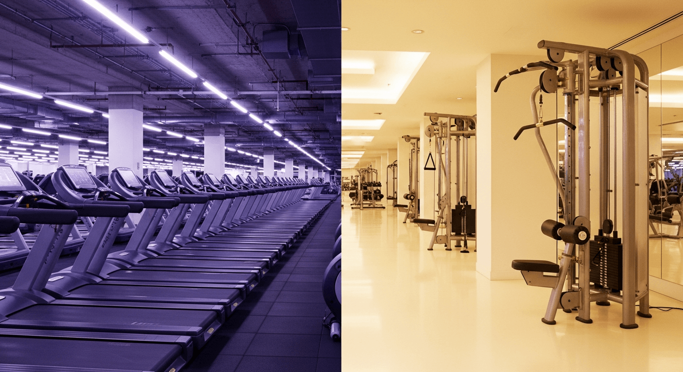 Split-view of two gyms: left side crowded with cool fluorescent lighting, right side spacious and warm with golden ambient light.