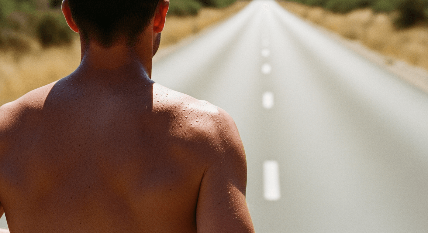 Sweating runner struggling uphill under harsh midday sun on a heat-shimmering asphalt road.