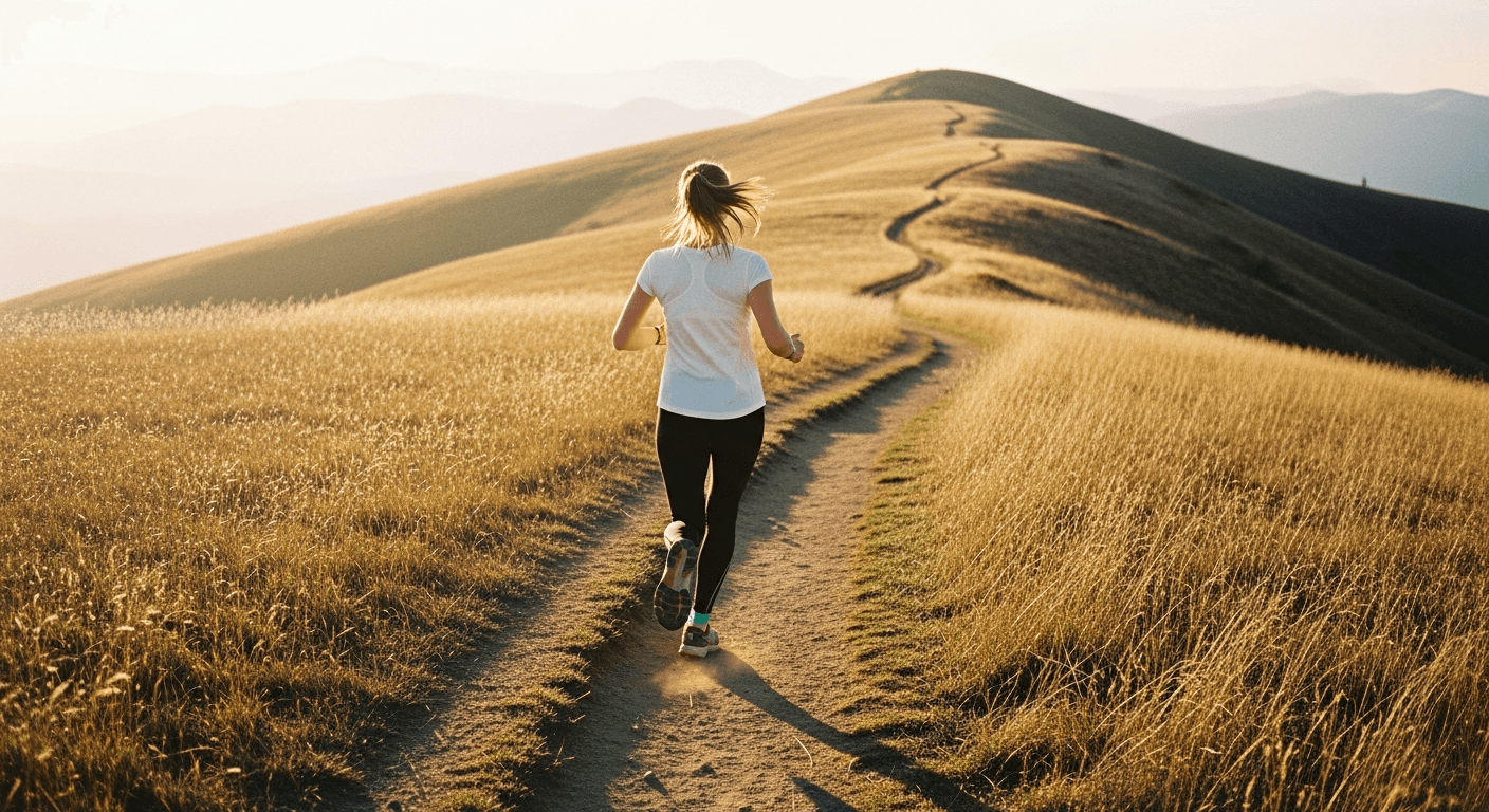 Woman runner captured mid-stride on a dusty mountain trail during golden hour.