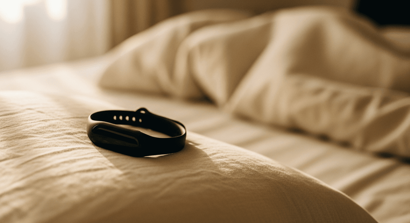 A sleek matte black wearable tracker rests on a rumpled linen pillow in soft morning bedroom light.