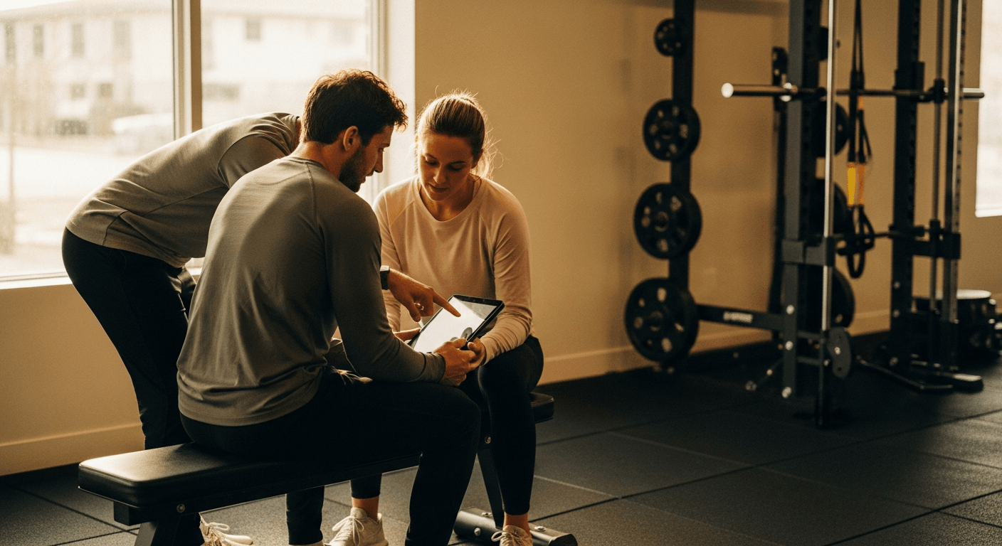 A fitness coach and seated client review a tablet together at a gym, backlit by soft golden natural window light.