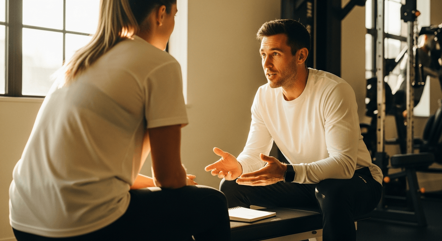 A coach and client sit facing each other in a gym, engaged in direct conversation under warm natural light.