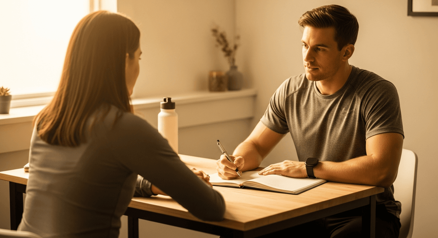 A personal trainer and client review a training plan together at a wooden table in natural light.