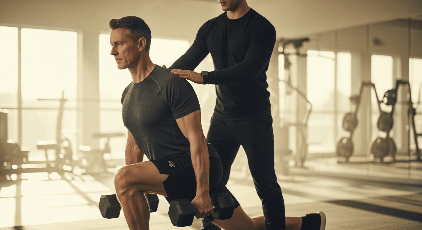 A man in his mid-forties performs a single-leg deadlift with guidance from a personal trainer in a gym.