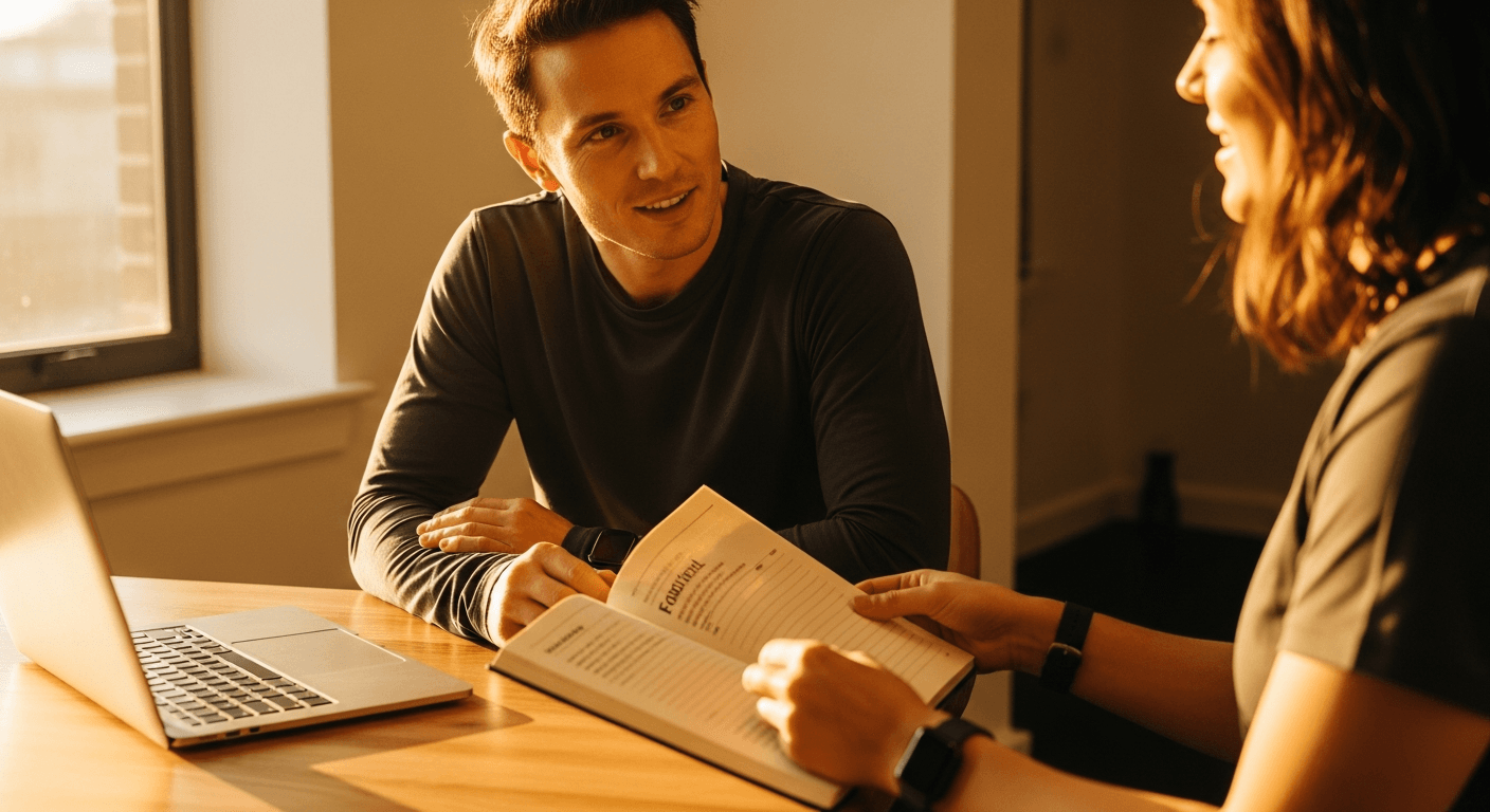 A coach and client share a focused conversation at a wooden table in warm golden light, reviewing a food journal together.
