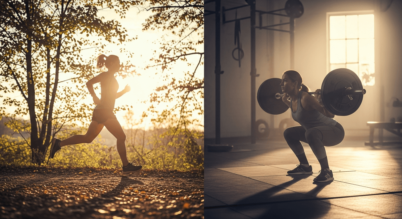 Split-frame image: runner mid-stride on sunlit trail (left) and person performing barbell squat in gym (right).