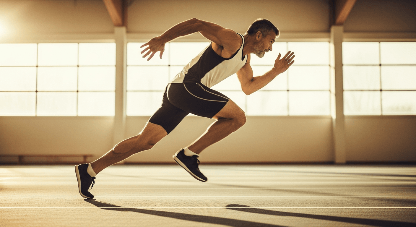 Middle-aged man sprinting on an indoor track with intense effort, captured in golden gymnasium light.