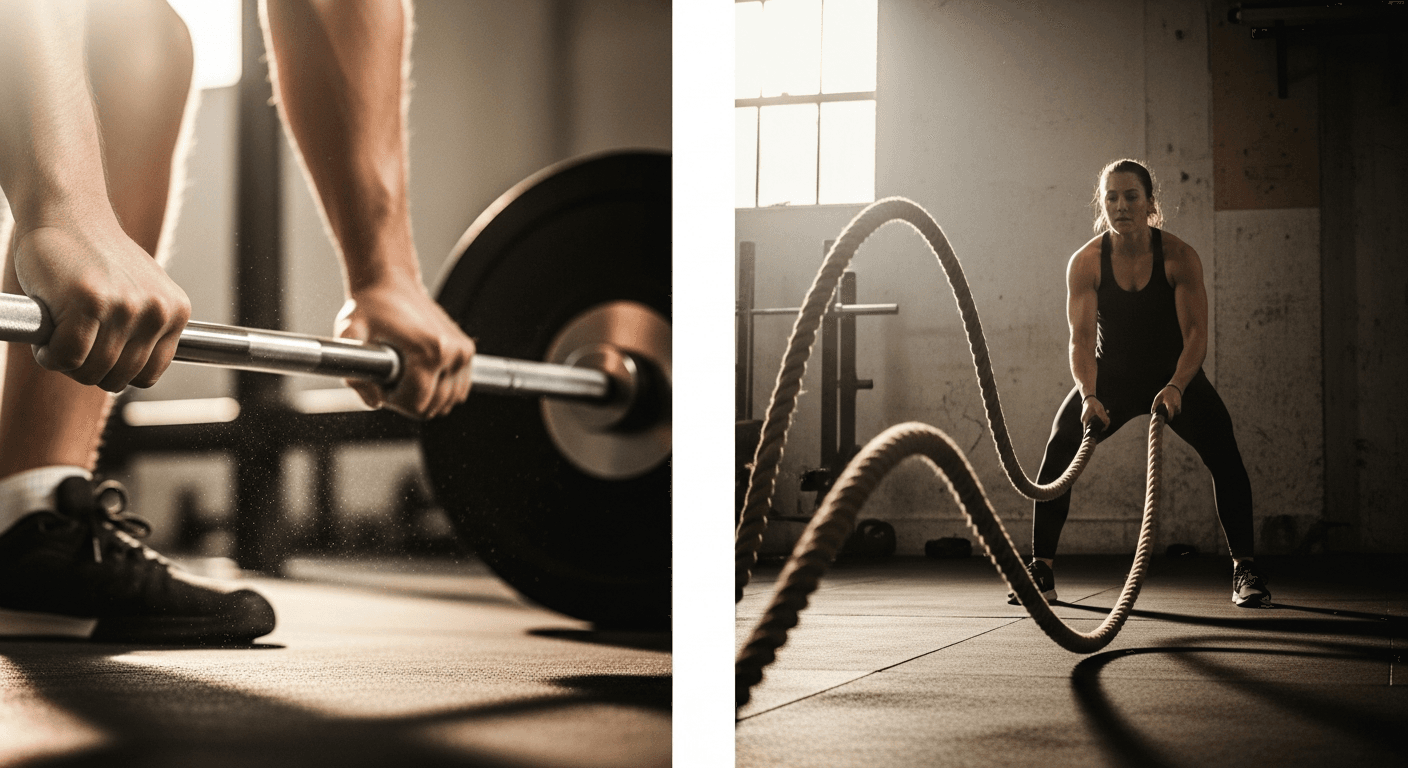 Split-frame image of a lifter performing a barbell pull on left and athlete slamming battle ropes on right, unified in warm golden gym light.