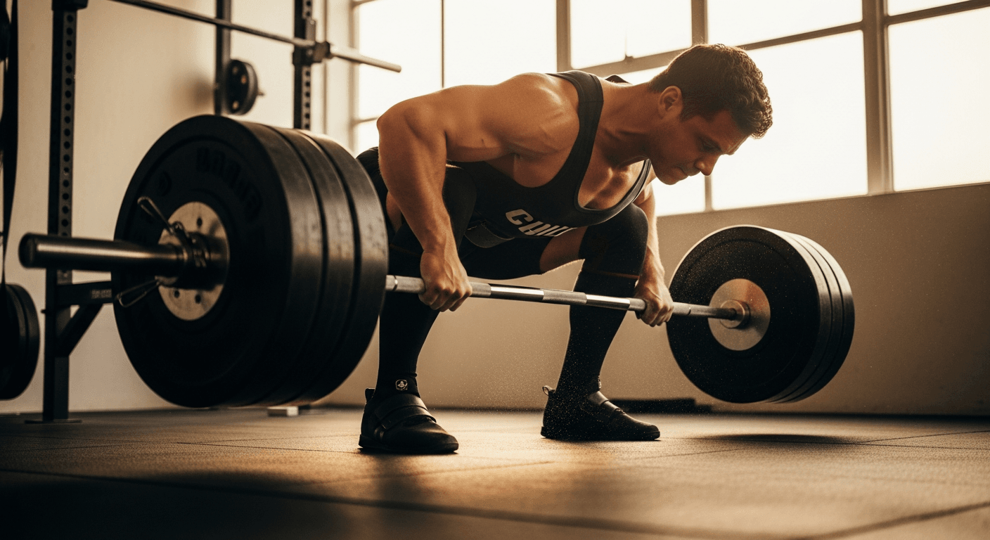 A powerlifter mid-deadlift under intense strain, captured in warm golden gym light with chalk dust visible.