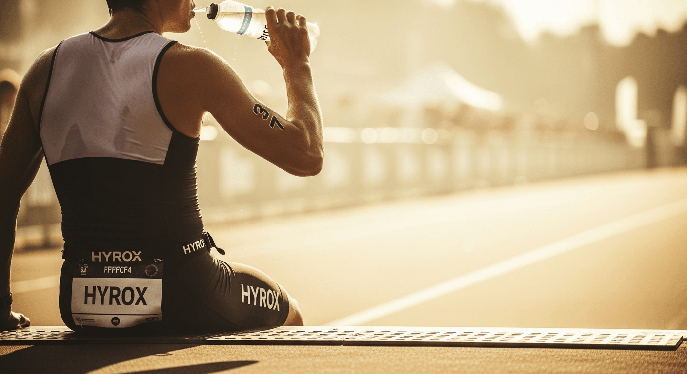 HYROX athlete in race gear drinking electrolyte drink during a summer competition venue.