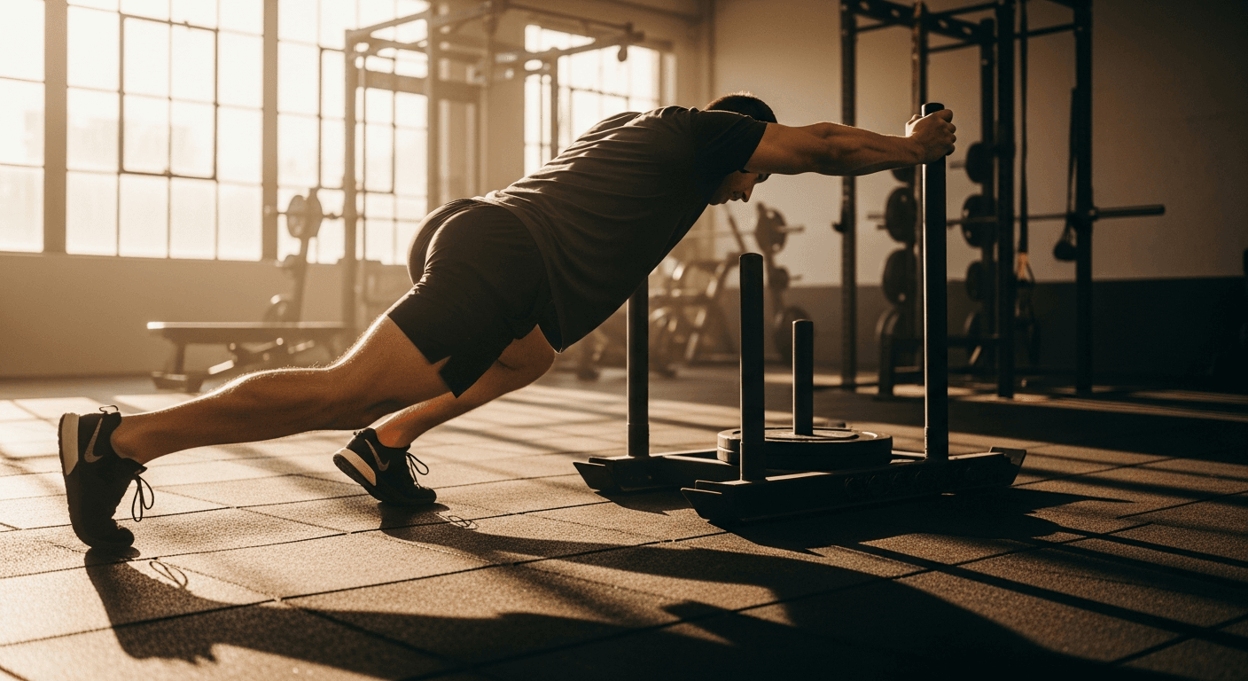 Male athlete pushing a heavy sled across gym flooring in warm golden-hour light during an intense training session.