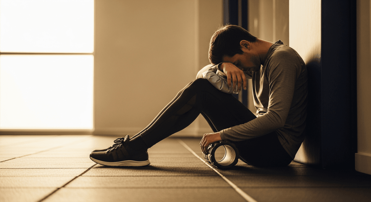 Exhausted athlete sitting against a gym wall with a foam roller and ice pack in golden-hour light.