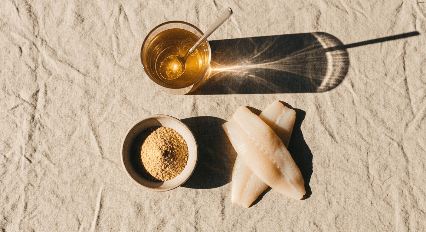 Overhead flat-lay of collagen sources: bone broth powder, fish fillets, and dissolved collagen water on warm linen.