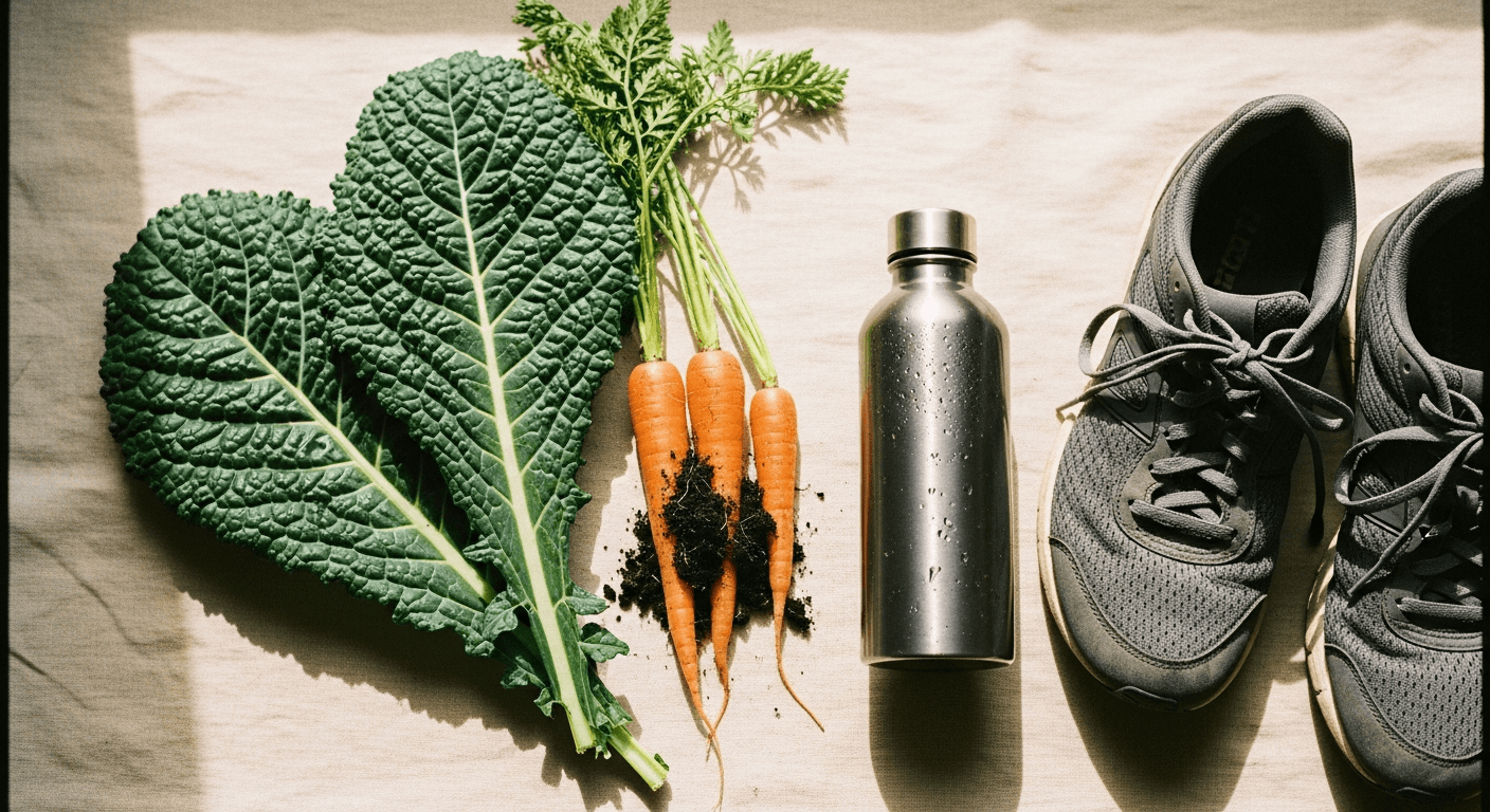 Flat lay of fresh kale, carrots with soil, running shoes, and water bottle on warm linen in golden morning light.