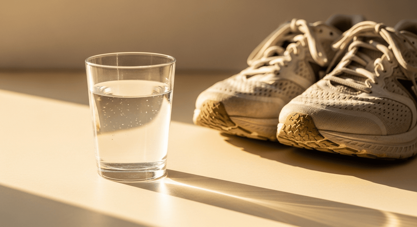 A full glass of water beside worn running shoes on a cream surface, bathed in warm golden-hour light.