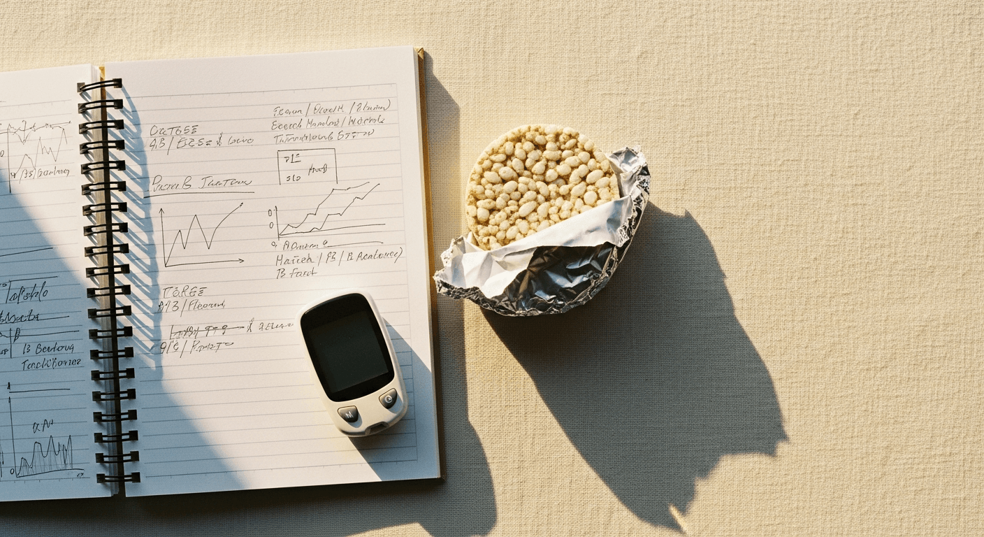 Handwritten nutrition journal, rice cake, and glucose monitor arranged on warm cream linen in soft morning light.