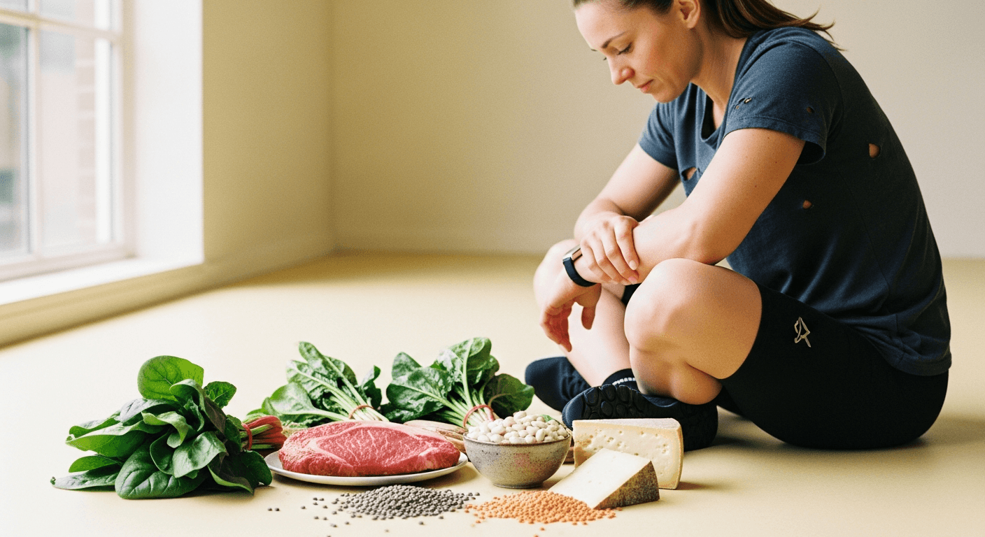 Female athlete sitting cross-legged examining performance foods including spinach, red meat, beans, and lentils.