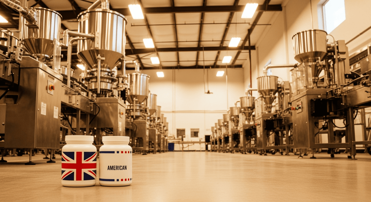 Modern supplement manufacturing facility interior with capsule-filling machines and powder containers in foreground.