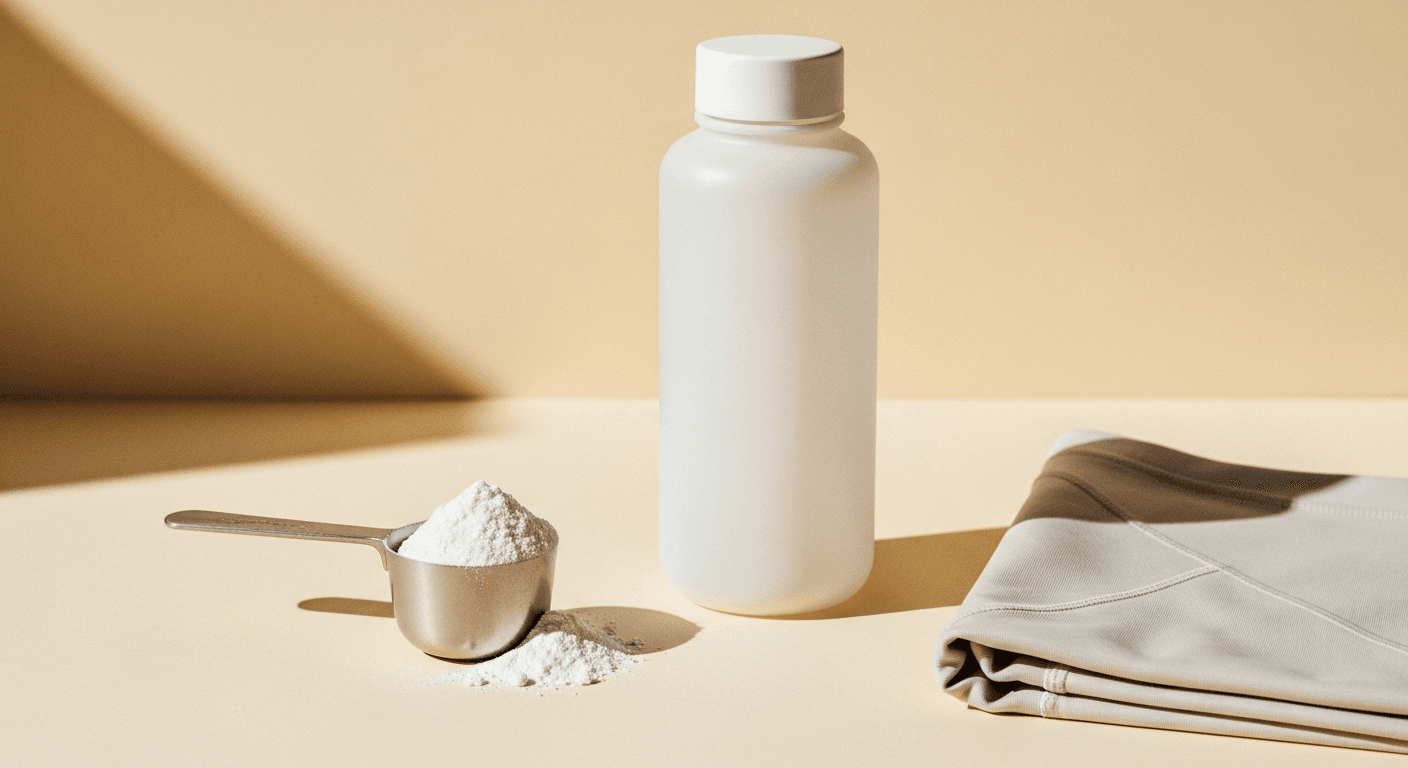 Metal protein powder scoop and minimalist athletic water bottle styled on a warm cream background.