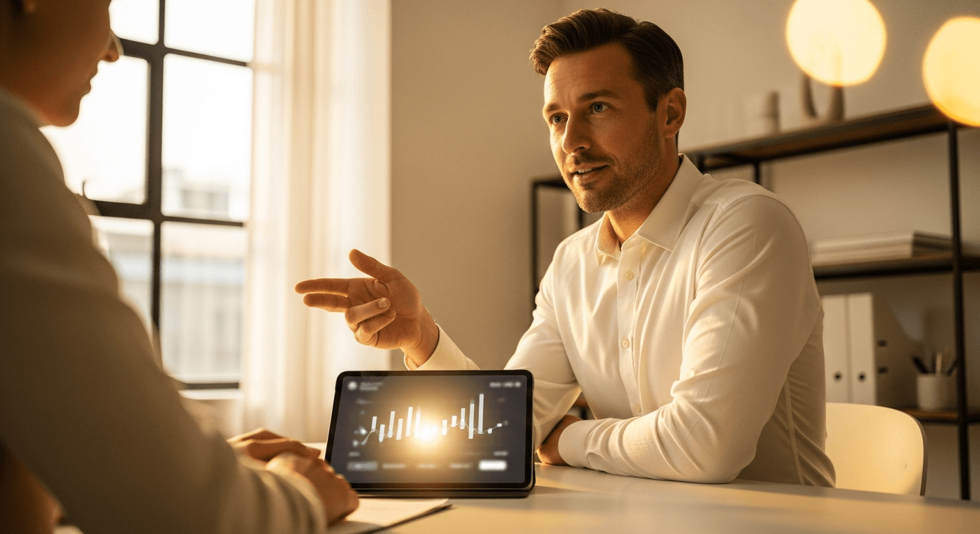 A coach leans forward confidently toward a client across a warm office desk with a tablet between them.
